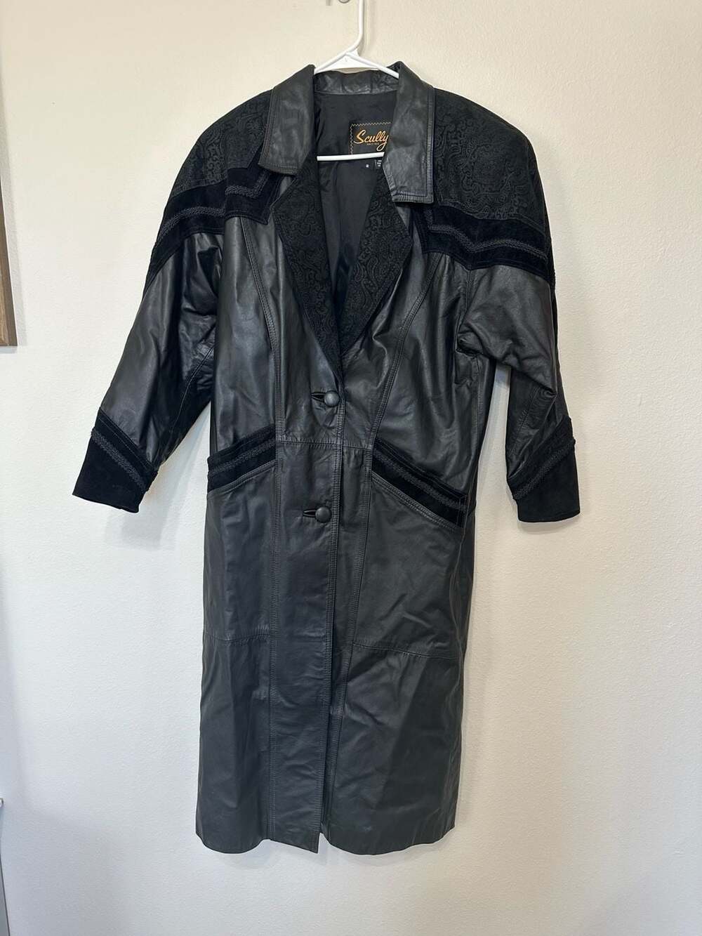 Vintage 80s Leather Trench Coat Winter Embossed Suede size S Long Rock Alt
